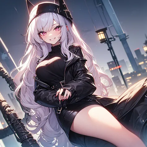 highest quality、silver hair、straight hair、slanted eyes、pink eyes、pale skin、vampire、black long sleeve knitted outfit、big breasts、...