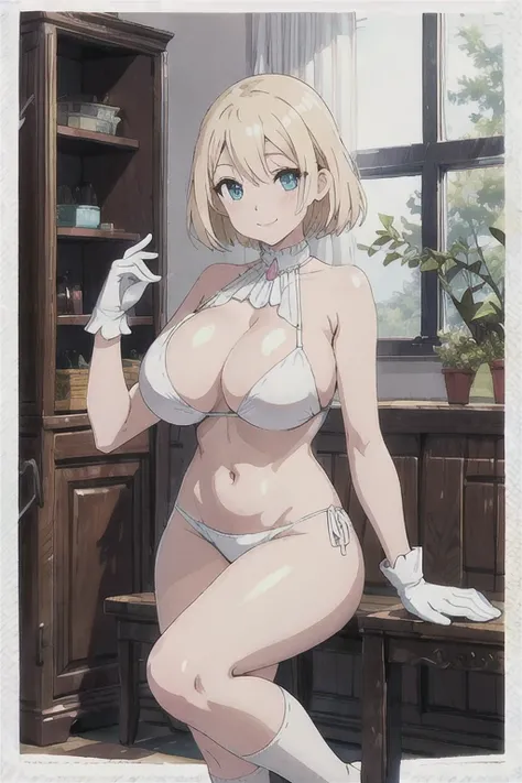 hayasakamama, 1 girl, alone, blonde hair, blue eyes, looking at the viewer, short hair, masterpiece, highest quality, , (white bikini、White Opera Gloves、white knee high socks)、smile、simple background、((huge long breasts:1.2))