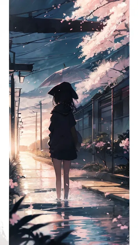 Product illustration of a girl in the rain,cherry blossoms,water中で,water