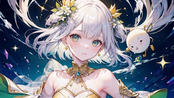 (masterpiece), (highest quality), (Super detailed), official art, one girl, Green, gold and silver see-through dress, No sleeve, off shoulder, small, Very small, small, Many white pearls,Gorgeous pearl accessories