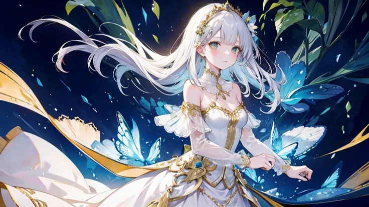 (masterpiece), (highest quality), (Super detailed), official art, one girl, Green, gold and silver see-through dress, No sleeve, off shoulder, small, Very small, small, Many white pearls,Gorgeous pearl accessories