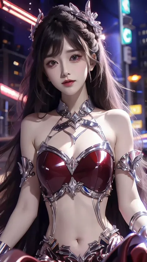 4k ultra hd, masterpiece, high details, a girl, cute face, detailed eyes, long hair, detailed lips, medium breasts, red lights on dress, Cyberpunk red dress, red neon lights connected on dress, neon breasts, bare waist, red electric current effect, glowing...