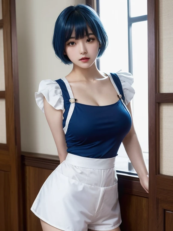 highly detailed background, masterpiece, highest quality, ((masterpiece, highest quality)),best aesthetics, big breasts,Japanese,Fair skin,short hair,blue hair,bangs bangs, eye shadow, looking at the viewer,(maid),(maid),Dangerous,shorts