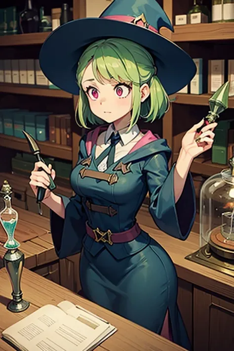 a light green haired female witch with pink eyes with an hourglass figure wearing a conservative Victorian dress is gathering supplies for a potion in the lab