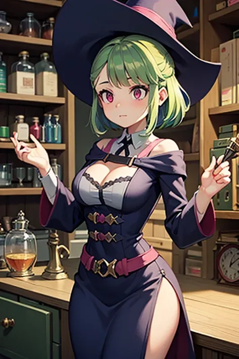 a light green haired female witch with pink eyes with an hourglass figure wearing a conservative Victorian dress is gathering supplies for a potion in the lab
