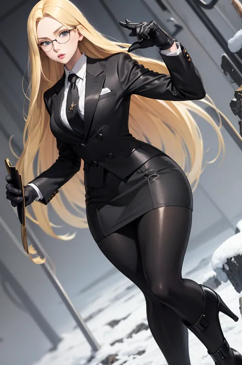 masterpiece, best quality, blonde hair, sfKolin, glasses, black shiny skirt suit, (((three-piece suit))), necktie, blazer, suit jacket, waistcoat, bodycon skirt, snow, grey sky, black gloves, holding clipboard, looking at viewer, high heels