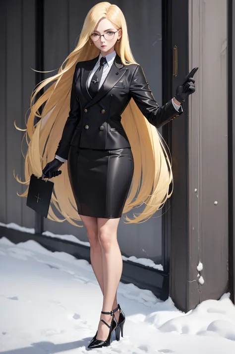 masterpiece, best quality, blonde hair, sfkolin, glasses, black shiny skirt suit, (((three-piece suit))), necktie, blazer, suit ...