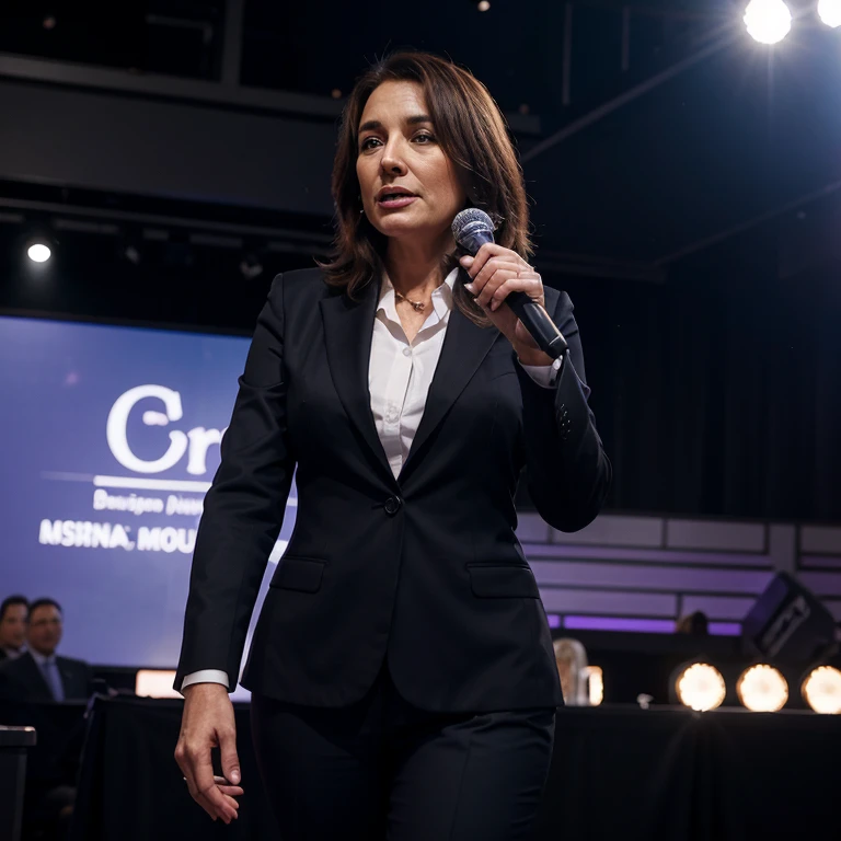 A 53-year-old woman in a business suit speaks from the stage with a microphone