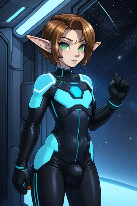 Cute elf, tomboy, space station background, feminine body, thin body, slim, tron bodysuit, short hair, dark blonde hair, slick back hair, forehead, huge bulge in pants, Orange and black clothes