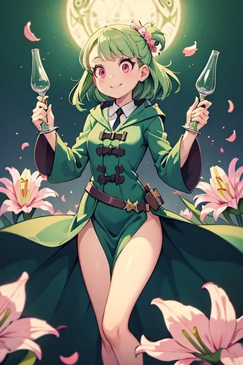 a light green haired female witch with pink eyes with an hourglass figure wearing a conservative Victorian dress is smile in a flurry of Lily petals