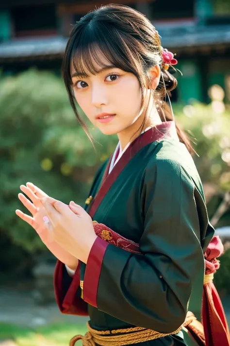 1 girl,full body photo,Japanese,25 years old, medium length black hair,Green Highlight Hair,traditional clothing,Super high quality output image,High resolution,intricate details,Her hair blowing in the wind is so delicate and beautiful,realistic pictures,...