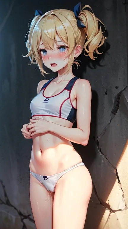 masterpiece, best quality, ultra detailed, super resolution,
illustration,
In the shadow of a deserted rock, solo, (vulgarity, nsfw:1.1),
1 , , (blush, shy, cry:1.2), look far away, blonde twintail, short hair, slender body, face down, beach volleyball uni...