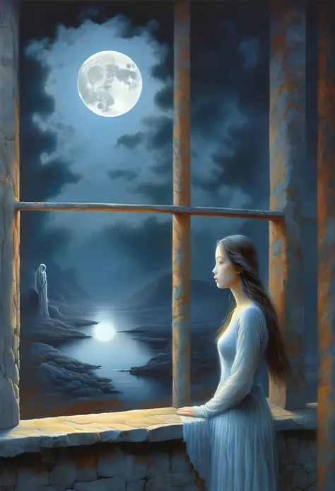 The scenery outside the window，Looking out from the window，Girl looking into the distance at the window，The Faceless Stone Woman on the Bridge，Handheld Light，Background with full moon, With the sky as a background, Brome&#39;s Art, Magic  artwork, super fi...