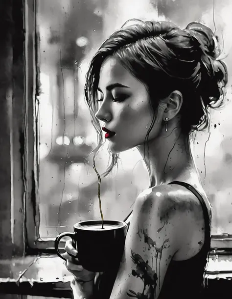 (best quality, a high resolution, masterpiece :1.3), beautiful woman, a slim body, dark brown hair,  sipping coffee by the windo...