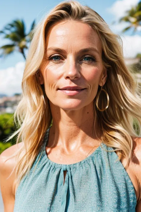 raw uhd portrait of a 45-year-old blonde close-up, natural blonde hair, castles, wavy, (brown-eyed woman) by the beach in hawaii...