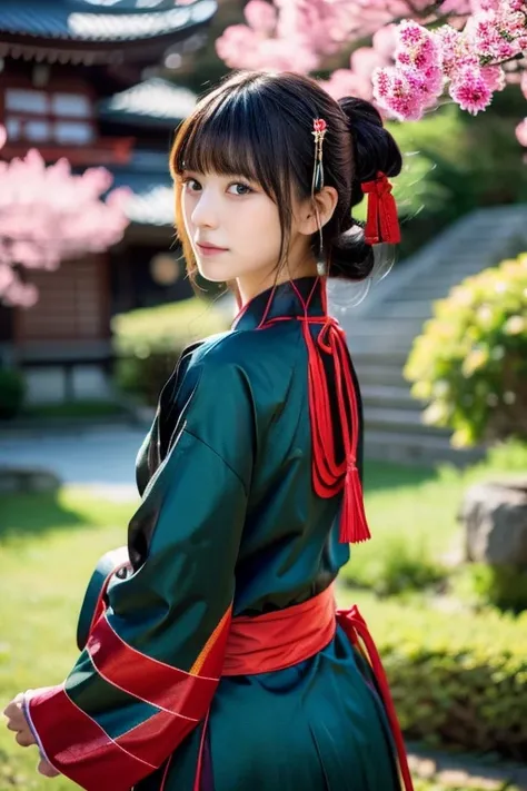 1 girl,full body photo,Japanese,25 years old, medium length black hair,Green Highlight Hair,traditional clothing,Super high quality output image,High resolution,intricate details,Her hair blowing in the wind is so delicate and beautiful,realistic pictures,...