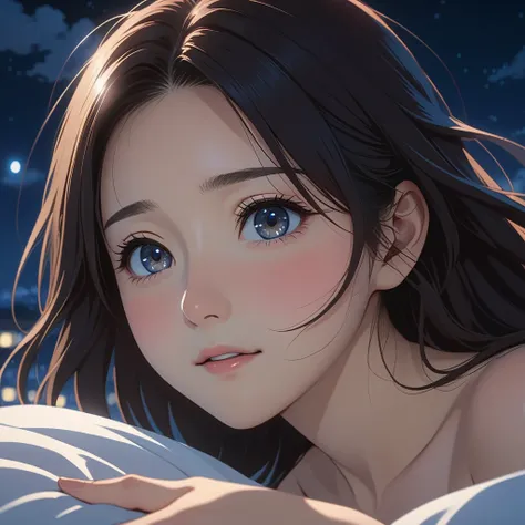 masterpiece, High resolution, illustration, kyoto animation style, Your name is cinematic style, night, midnight, Light, (1 female: 1.3), (alone: 1.4), long eyelashes, long hair, nose blushing, futon, jumping, naked, face close-up, Hide with hands , Hide w...