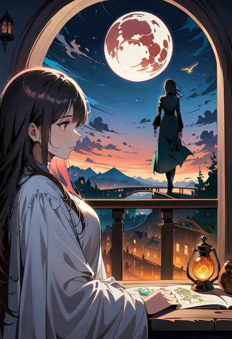 beautiful dark room，There is a big window, The scenery outside the window，Looking out from the window，Girl looking into the distance at the window，The Faceless Stone Woman on the Bridge，Handheld Light，Background with full moon, With the sky as a background...