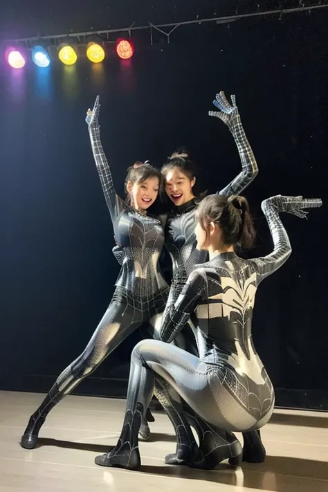 3 teachers dancing in front of students, school assembly festival, lively atmosphere, energetic movements, upbeat music, colorful costumes, enthusiastic audience, happy faces, cheering and clapping, exciting performance, joyful celebration, vibrant stage l...