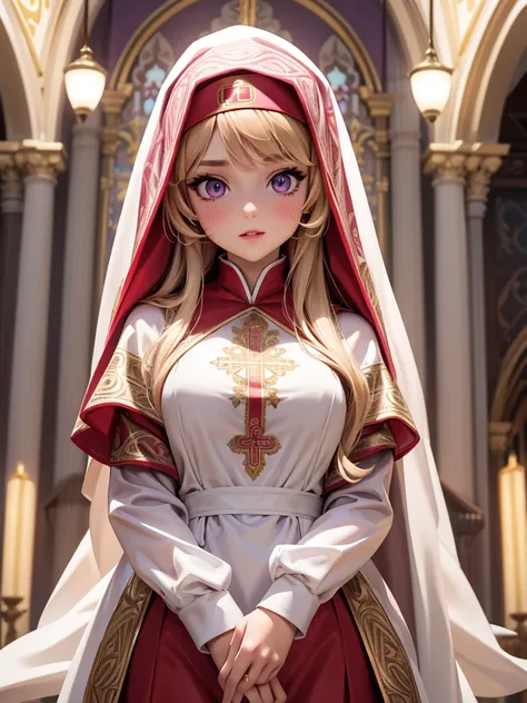 (best quality,4K,8K,high resolution,masterpiece:1.2),Super detailed,actual,Beautiful and delicate bright purple eyes,Beautiful and delicate deep red lips,extremely detailed face,super long hair,1 girl,Beautiful blonde girl,Wearing a red nun costume,Platinu...