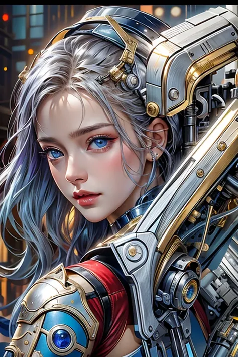 photorealistic, Realistic picture,Masterpiece,high resolution, woman ,have blue eyes, look at the viewer., (detailed face), has blue eyes,blonde hair, cybernetic robot,Purple body_metallic red/gold color,(The details of the outfit are perfect.) The backgro...