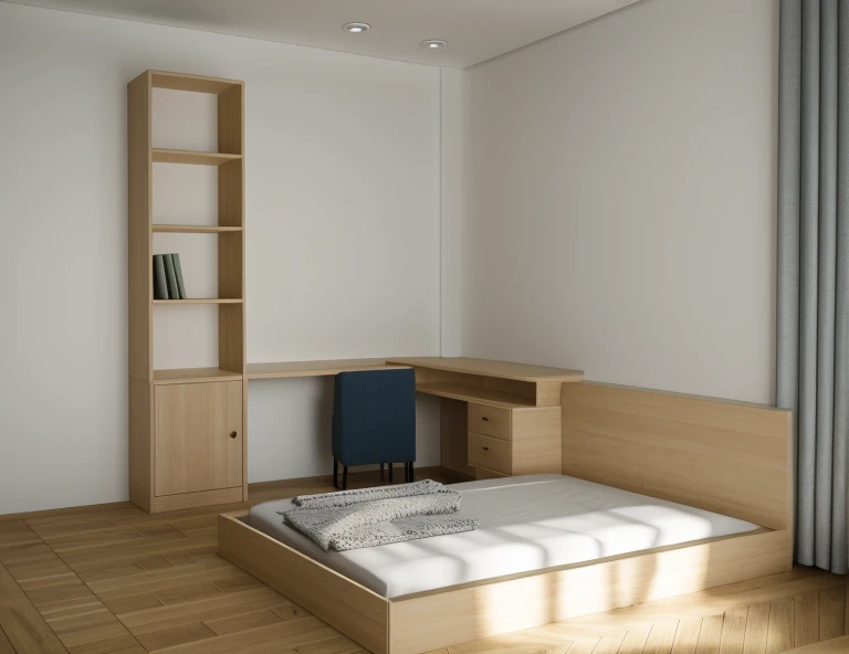 bookshelf , study desk , bed , mattress , herringbone floor