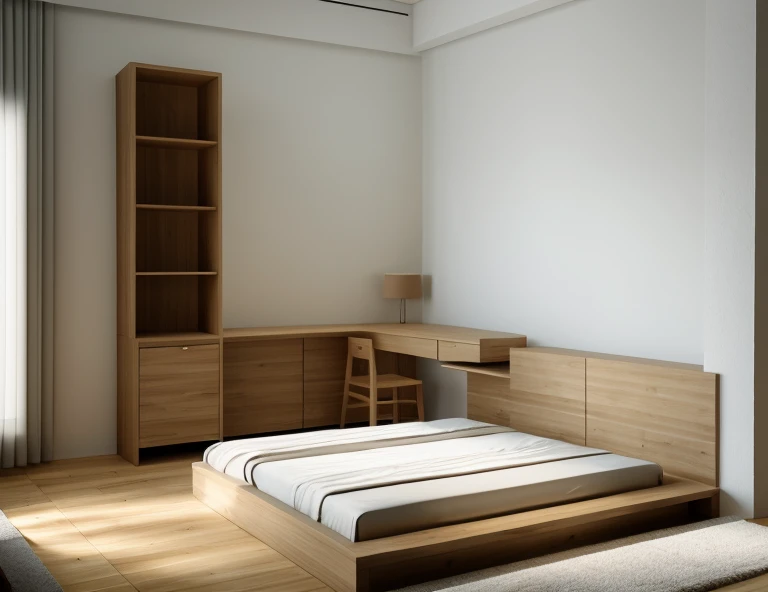 bookshelf , study desk , bed , mattress , herringbone floor