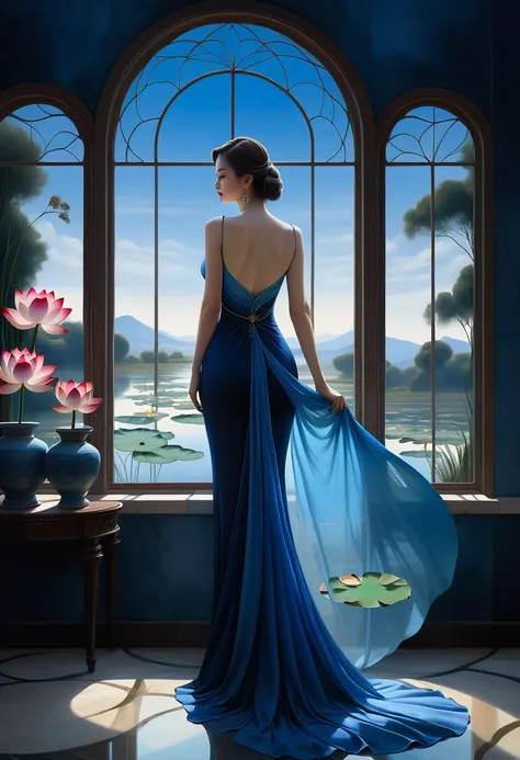 beautiful dark room，There is a big window,  The scenery outside the window，(Looking out from the window:1.5)，Roman style windows，An elegant woman wearing a blue gradient dress standing by the window.  A large lotus pond outside the window, creating a surre...