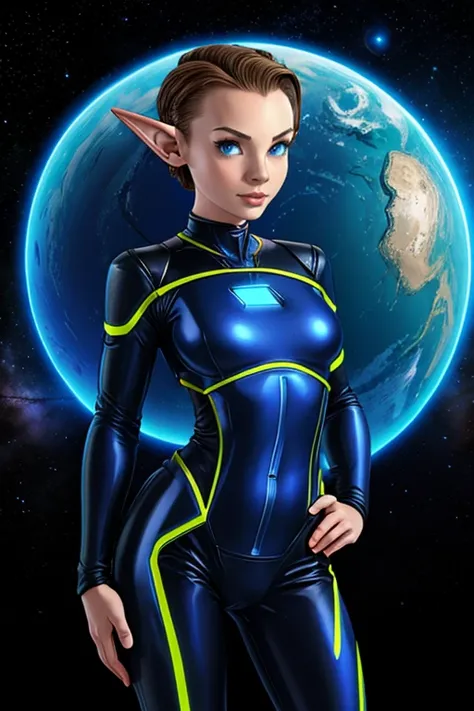 cute elf femboy, tomboy, space station background, thin body, slim, tron bodysuit, short hair, dark blonde hair, slick back hair...