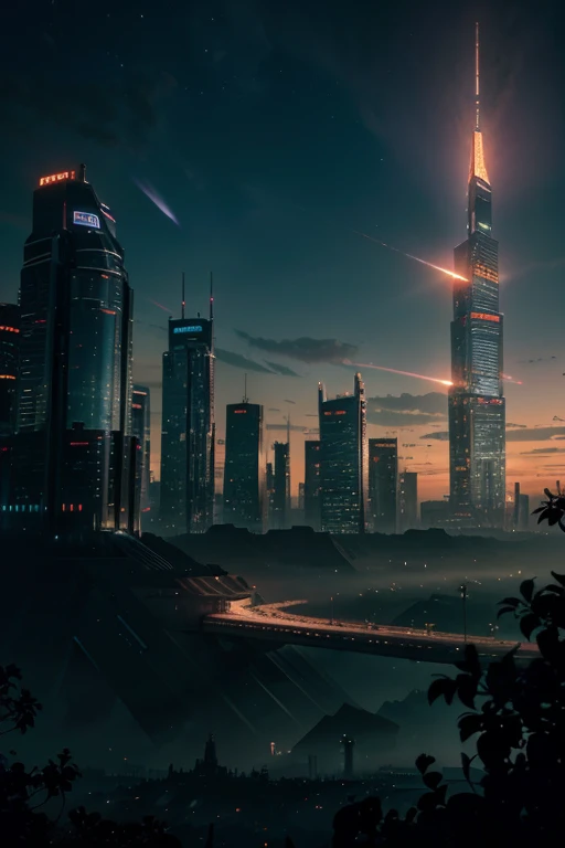 A captivating collection of stills from a cinematic sci-fi fantasy world. The first still features a futuristic cityscape with towering skyscrapers and glowing neon signs, illuminated by a vibrant orange sunset. The second still shows an epic battle betwee...