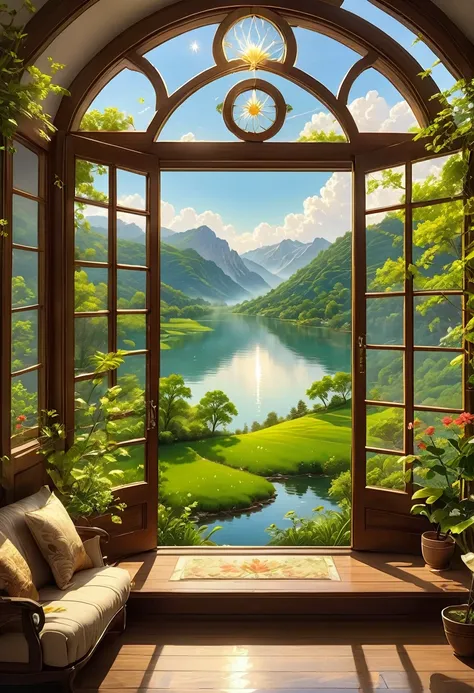 1girl, The View Outside the Window, (4k,8k,highres,:1.2),ultra-detailed,(realistic,photorealistic,photo-realistic:1.37),indoor view,window view,outside scene,outdoor scenery,breathtaking landscape,panoramic view,serene atmosphere,clear blue sky,rolling hil...