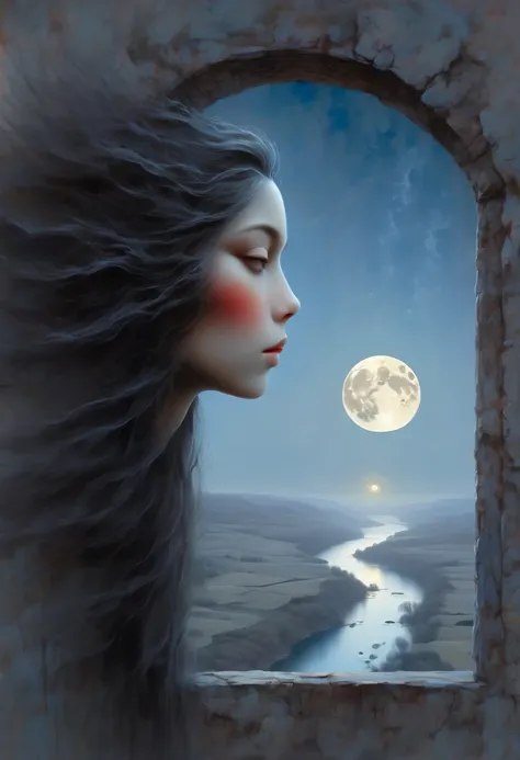 The scenery outside the window，Looking out from the window，Girl looking into the distance at the window，The Faceless Stone Woman on the Bridge，Handheld Light，Background with full moon, With the sky as a background, Brome&#39;s Art, Magic  artwork, super fi...