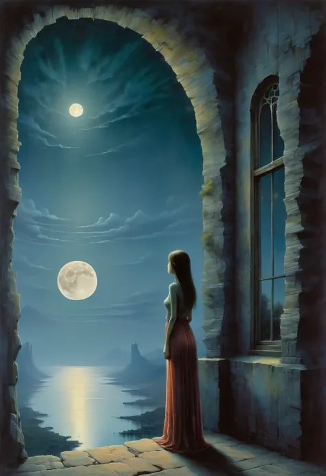 The scenery outside the window，Looking out from the window，Girl looking into the distance at the window，The Faceless Stone Woman on the Bridge，Handheld Light，Background with full moon, With the sky as a background, Brome&#39;s Art, Magic  artwork, super fi...