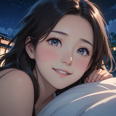 masterpiece, High resolution, illustration, kyoto animation style, Your name is cinematic style, night, midnight, Light, (1 female: 1.3), (alone: 1.4), long eyelashes, long hair, nose blushing, futon, happy, naked, face close-up, Hide with hands , Hide wit...