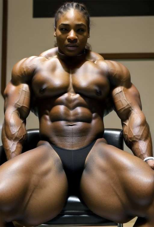 A heavily muscled iffb pro female bodybuilder 23 year old Serena Williams on a chair stroking her vagina 