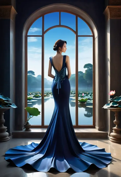 beautiful dark room，There is a big window,  The scenery outside the window，(Looking out from the window:1.5)，Roman style windows，An elegant woman wearing a blue gradient dress standing by the window.  A large lotus pond outside the window, creating a surre...