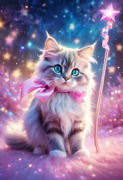 (highres:1.2),magical cat,illustration,fluffy fur,sparkling eyes,curled tail,floating in the air,cute pink bow (best quality,highres),shining stars,glowing wand,colorful sparkles,enchanting background,dream-like atmosphere,luminous moonlight,vibrant colors...