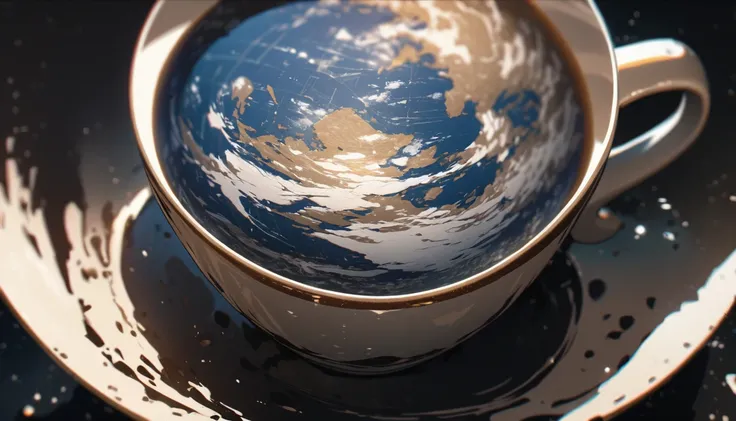 (best quality,4k,8k,highres,masterpiece:1.2) professional painting of outer space in the cup of coffee, Earth-shaped, volumetric light, high quality, (film grain), professionally color graded, highly detailed, UHD