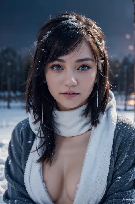 1 girl, (Winter clothes:1.2), beautiful japanese actress, Looks great in photos, Yukihime, long eyelashes, snowflake earrings, (Raw photo, highest quality), (reality, realistic:1.4), (pieces fly), detailed and beautiful eyes, beautiful detailed lips, highl...