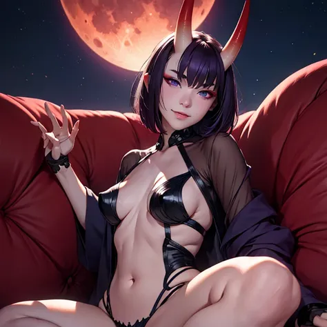 high resolution,masterpiece,best quality,8k,extra limbs,missing limb,extra digit,missing digit,fused fingers,mutanted hands and fingers,1girl,looking at viewer,red moon night,realistic,pale skin ,dark purple short hair,dark purple eyes,seductive smile,smal...