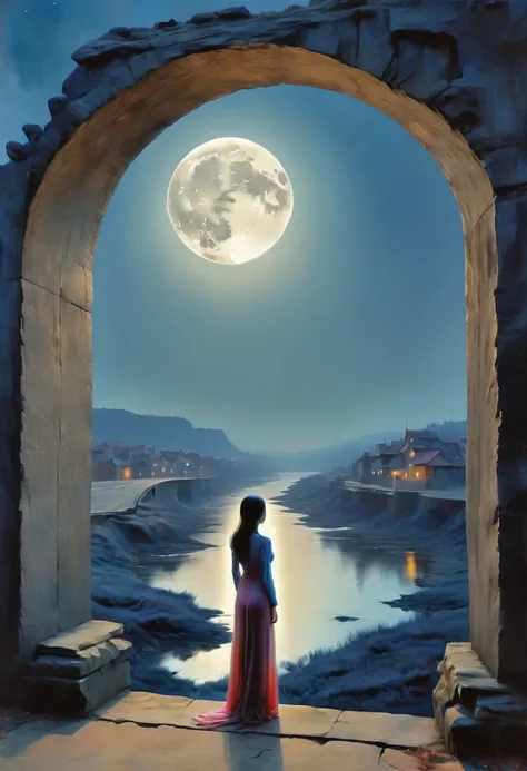 The scenery outside the window，Looking out from the window，Girl looking into the distance at the window，The Faceless Stone Woman on the Bridge，Handheld Light，Background with full moon, With the sky as a background, Brome&#39;s Art, Magic  artwork, super fi...