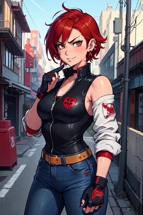 a Sukeban girl in the art style of persona5 and in the art style of street of rage 4, delinquent, (Sukeban), mature female, blush, mature, older woman, 26 years old, Sukeban teacher outfit, ((((1girl, solo female, solo, solo focus:1,9)))++++, choker, Sukeb...