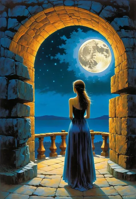 beautiful dark room，There is a big window, The scenery outside the window，Looking out from the window，Girl looking into the distance at the window，The Faceless Stone Woman on the Bridge，Handheld Light，Background with full moon, With the sky as a background...