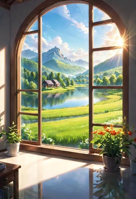 1girl, The View Outside the Window, (4k,8k,highres,:1.2),ultra-detailed,(realistic,photorealistic,photo-realistic:1.37),indoor view,window view,outside scene,outdoor scenery,breathtaking landscape,panoramic view,serene atmosphere,clear blue sky,rolling hil...