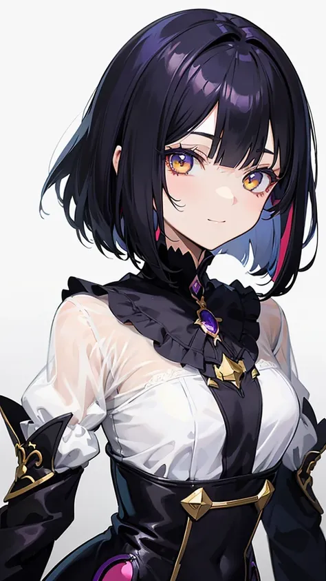 Witchs outfit, Anime-style portrait of a teen-ager girl with a deep violet bob cut, (Golden eyes), bright eyes, detailed eyes, baby-faced, eye contact with the camera, subtle smile, minimalistic background to emphasize character, high contrast, clean lines...