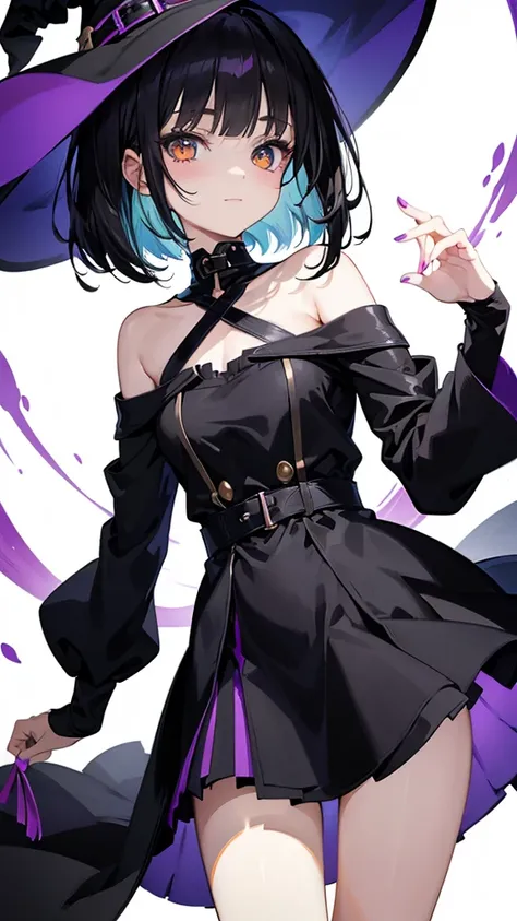 Witchs outfit, Anime-style portrait of a teen-ager girl with a deep violet bob cut, (Golden eyes), bright eyes, detailed eyes, baby-faced, eye contact with the camera, subtle smile, minimalistic background to emphasize character, high contrast, clean lines...