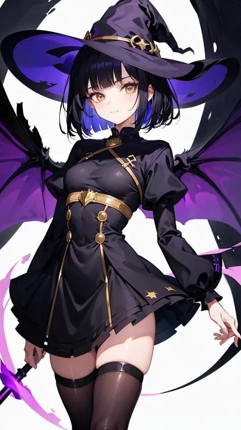 Witchs outfit, Anime-style portrait of a teen-ager girl with a deep violet bob cut, (Golden eyes), bright eyes, detailed eyes, baby-faced, eye contact with the camera, subtle smile, minimalistic background to emphasize character, high contrast, clean lines...