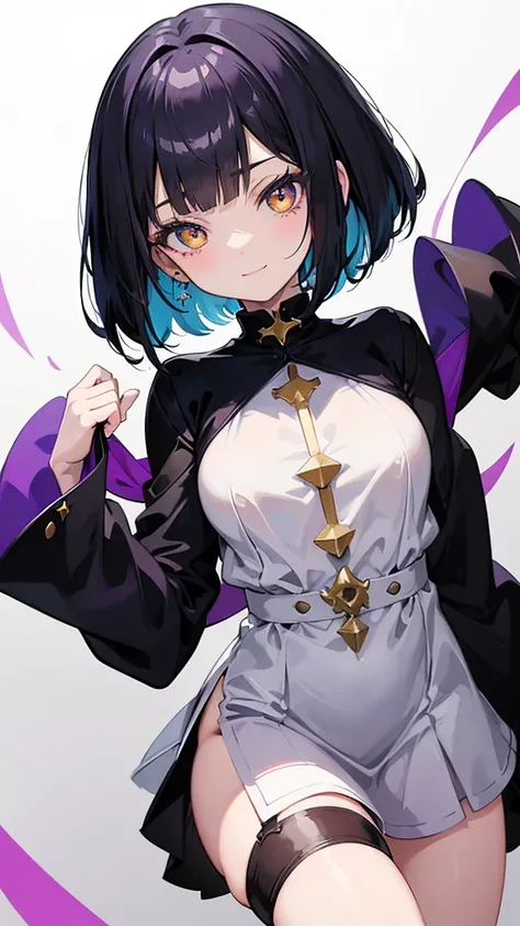 Witchs outfit, Anime-style portrait of a teen-ager girl with a deep violet bob cut, (Golden eyes), bright eyes, detailed eyes, baby-faced, eye contact with the camera, subtle smile, minimalistic background to emphasize character, high contrast, clean lines...