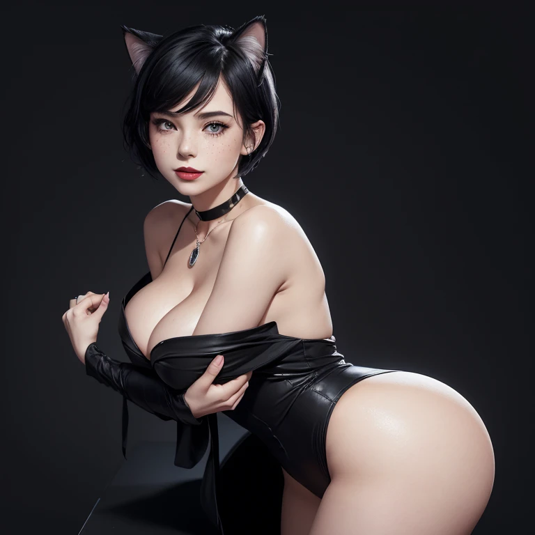 (score_9, score_8_up, score_8:1.2), (1girl, solo, masterpiece, 8k, HDR,), beautiful young woman, cat ears, (pale white skin:1.2), freckles, blushing, (black short hair:1.2), black eyes, red lipstick, dark eyeliner, black necklace, large ring shaped black e...