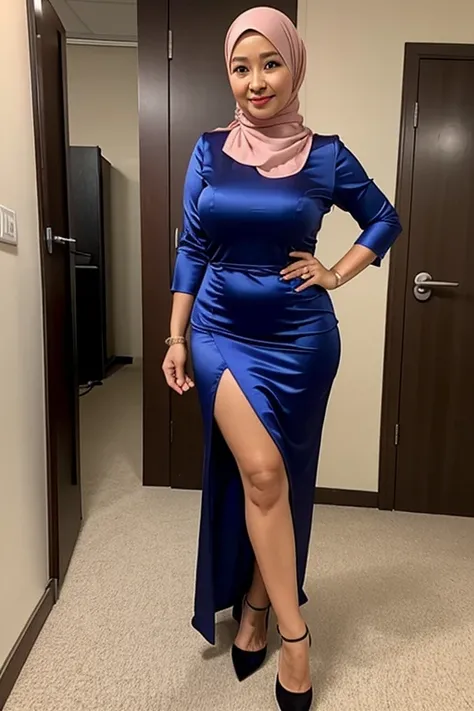 malay mature woman, satin dress, tight satin long skirt, full body shot, in the office, big natural breasts, hijab,